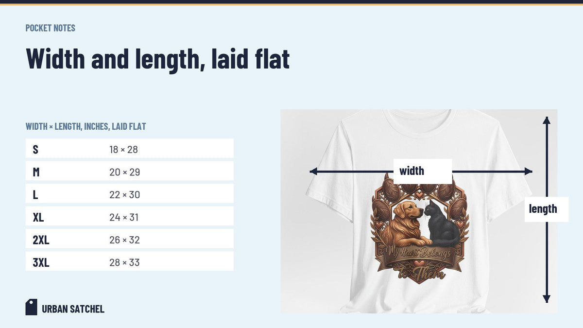 Bella+Canvas 3001 tee laid flat with width and length arrows and the S to 3XL measurement table