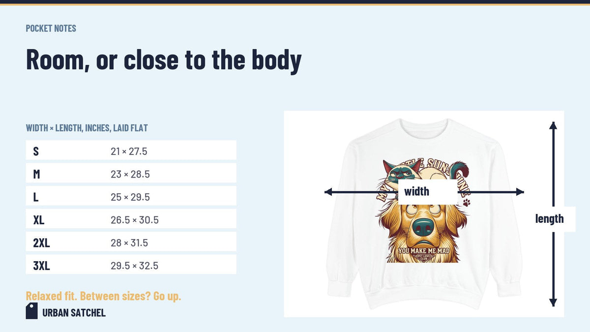 Comfort Colors 1566 crewneck with width and length arrows and the S to 3XL measurement table