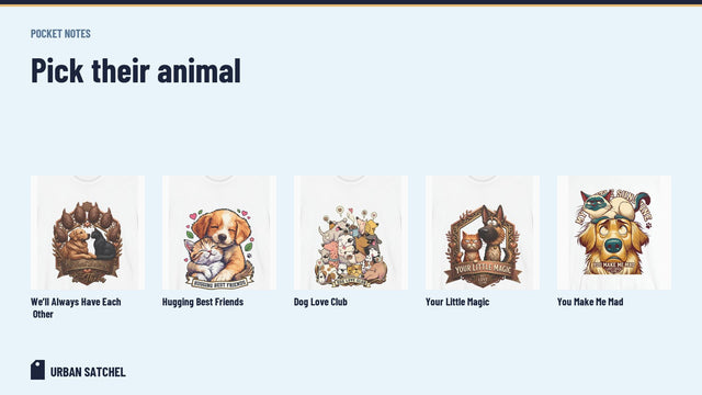 The five Urban Satchel designs in a row: dog and cat crests, cartoon dogs, puppy and kitten, grumpy cat on a retriever
