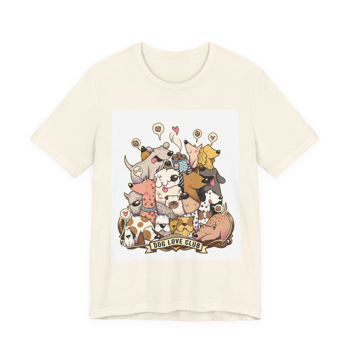 Dog Love Club T-Shirt in Natural, front view of the crowd of cartoon dogs print