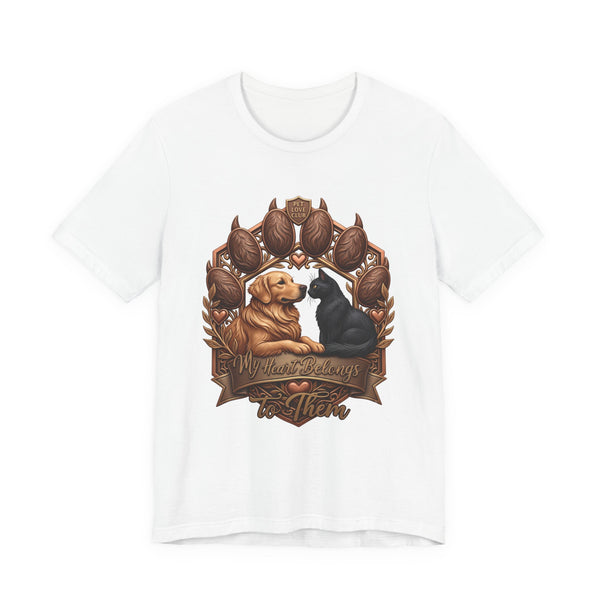 We’ll Always Have Each Other T-Shirt in White, front view of the golden retriever and tuxedo cat crest print