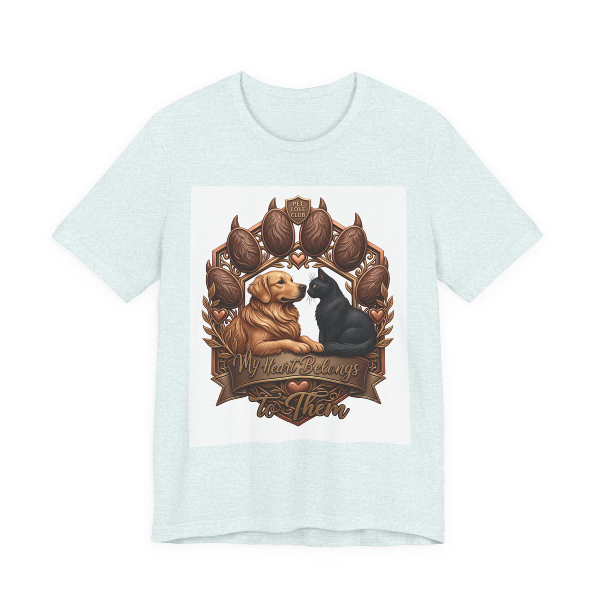 We’ll Always Have Each Other T-Shirt in Heather Ice Blue, front view of the golden retriever and tuxedo cat crest print