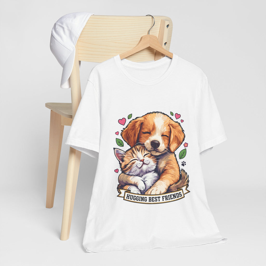 Hugging Best Friends T-Shirt in White draped over a wooden chair