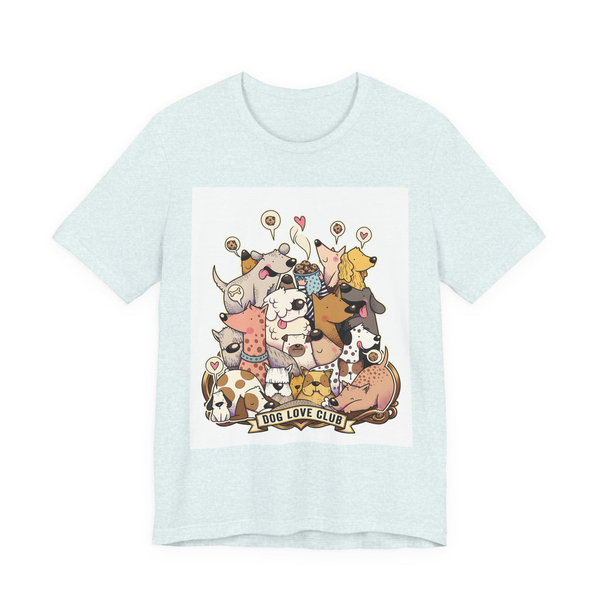 Dog Love Club T-Shirt in Heather Ice Blue, front view of the crowd of cartoon dogs print