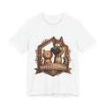 Your Little Magic T-Shirt in White, front view of the German shepherd and tabby cat crest print