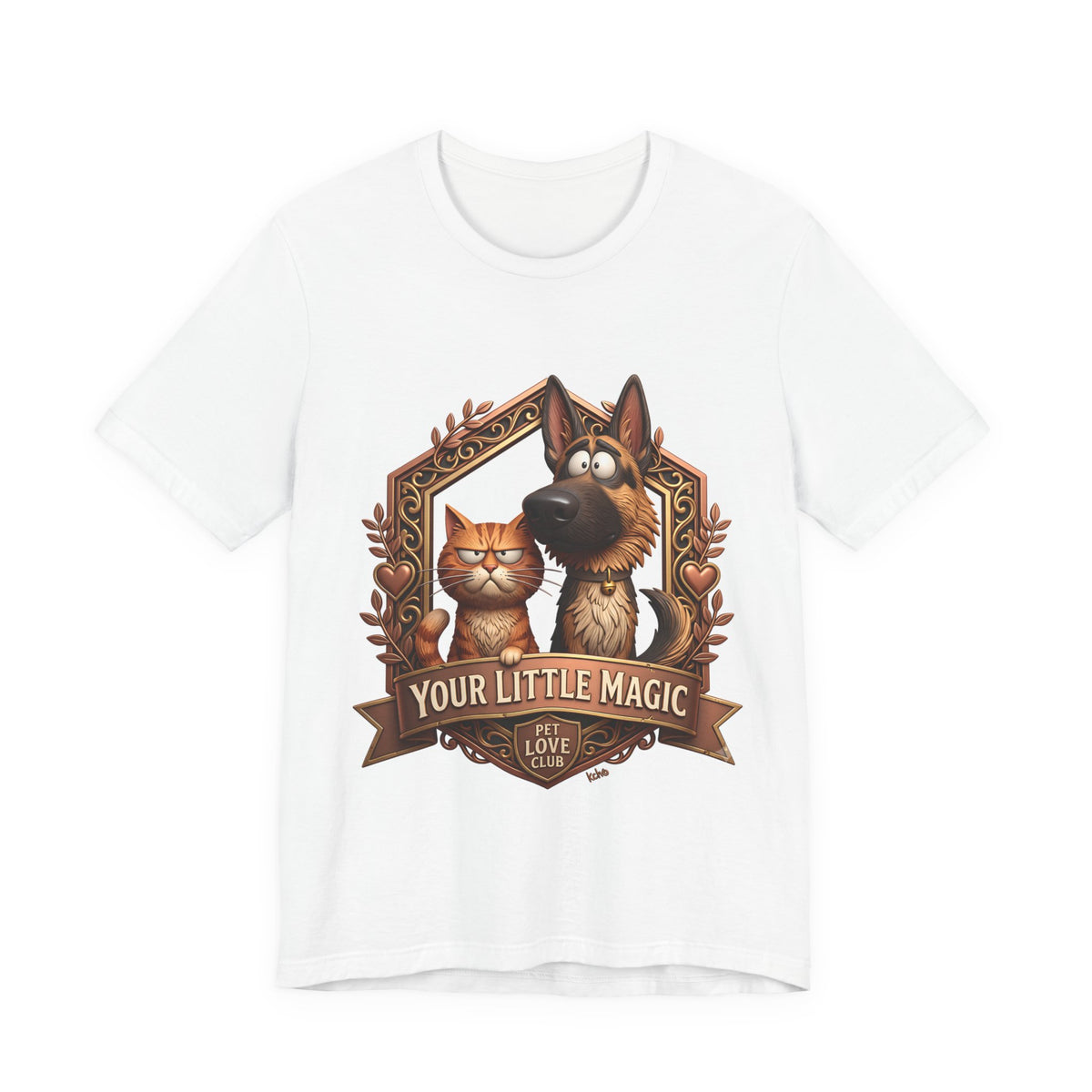 Your Little Magic T-Shirt in White, front view of the German shepherd and tabby cat crest print