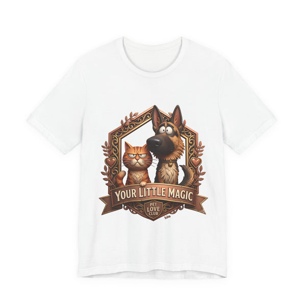 Your Little Magic T-Shirt in White, front view of the German shepherd and tabby cat crest print