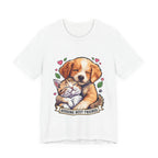 Hugging Best Friends T-Shirt in White, front view of the puppy hugging a kitten print