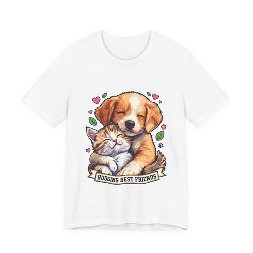 Hugging Best Friends T-Shirt in White, front view of the puppy hugging a kitten print
