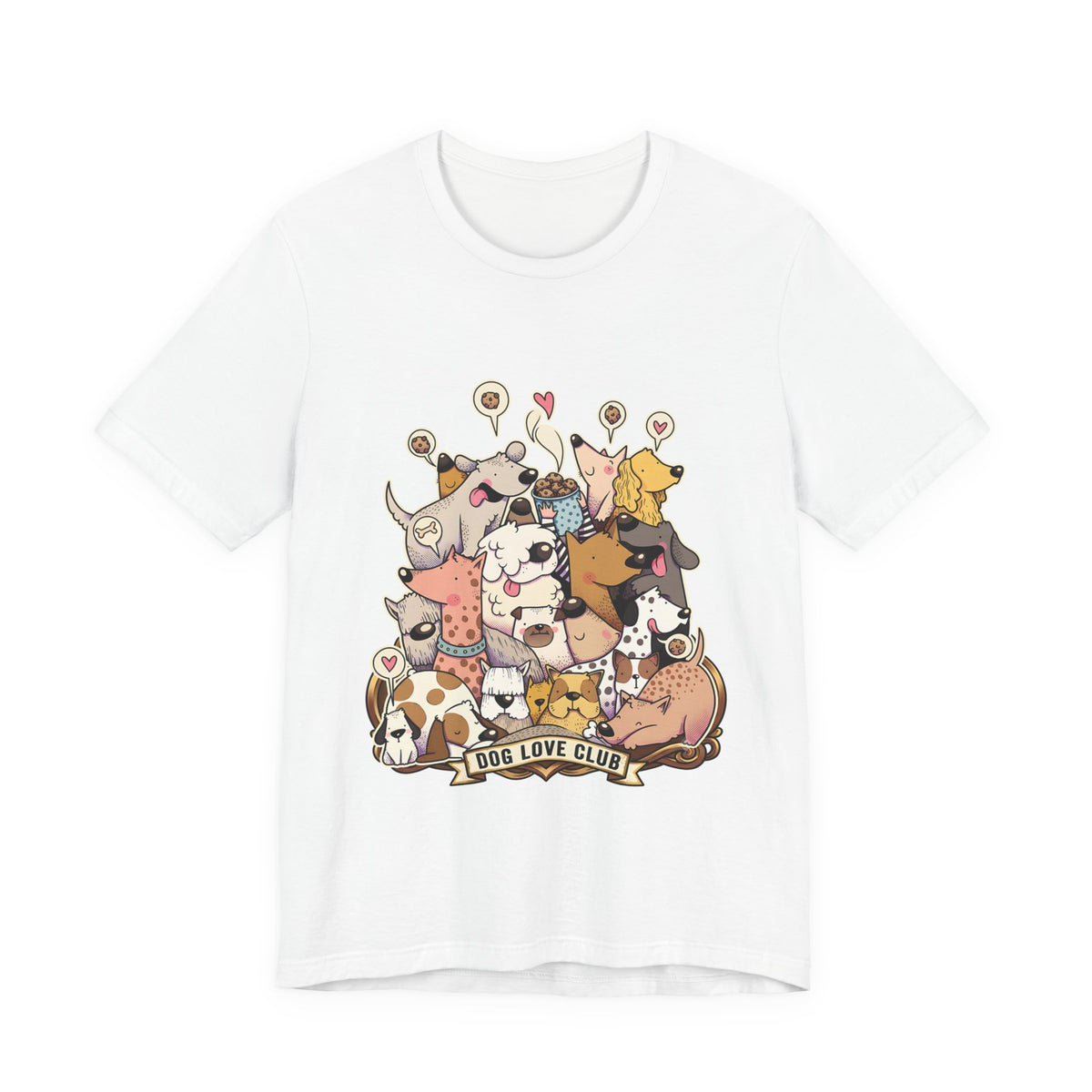 Dog Love Club T-Shirt in White, front view of the crowd of cartoon dogs print