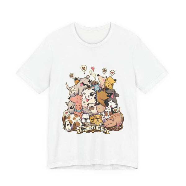 Dog Love Club T-Shirt in White, front view of the crowd of cartoon dogs print