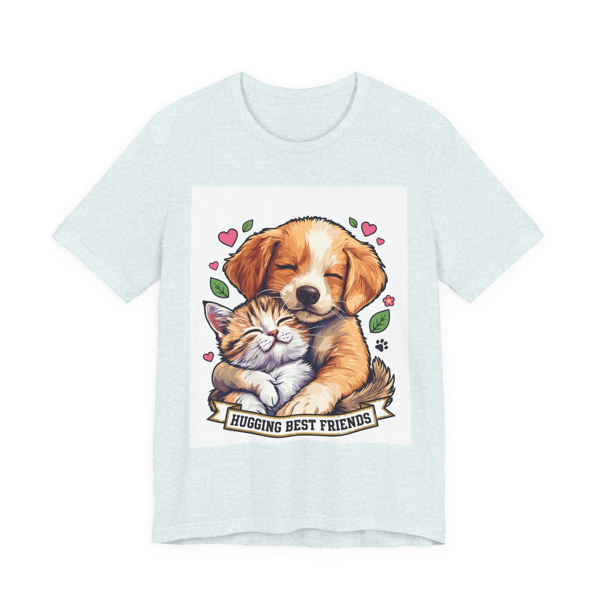 Hugging Best Friends T-Shirt in Heather Ice Blue, front view of the puppy hugging a kitten print