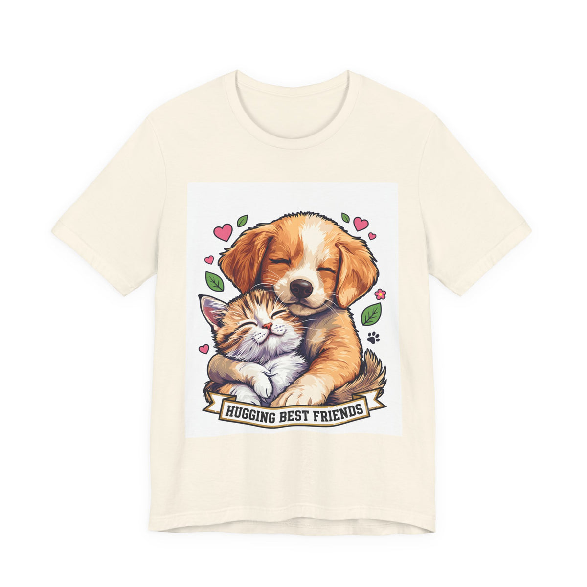 Hugging Best Friends T-Shirt in Natural, front view of the puppy hugging a kitten print