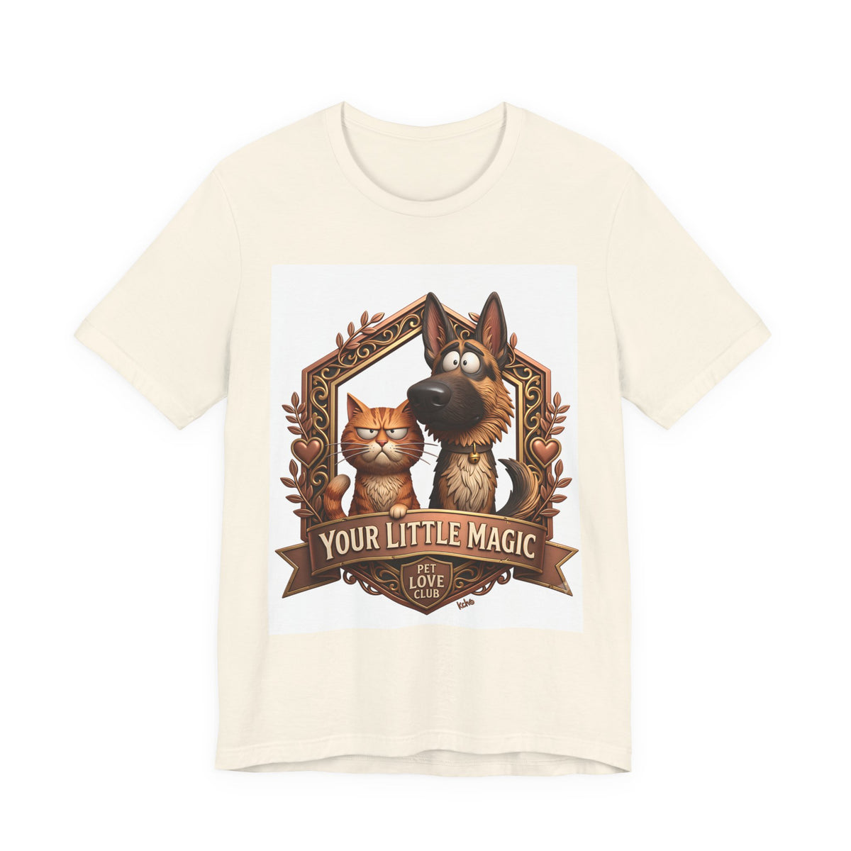Your Little Magic T-Shirt in Natural, front view of the German shepherd and tabby cat crest print
