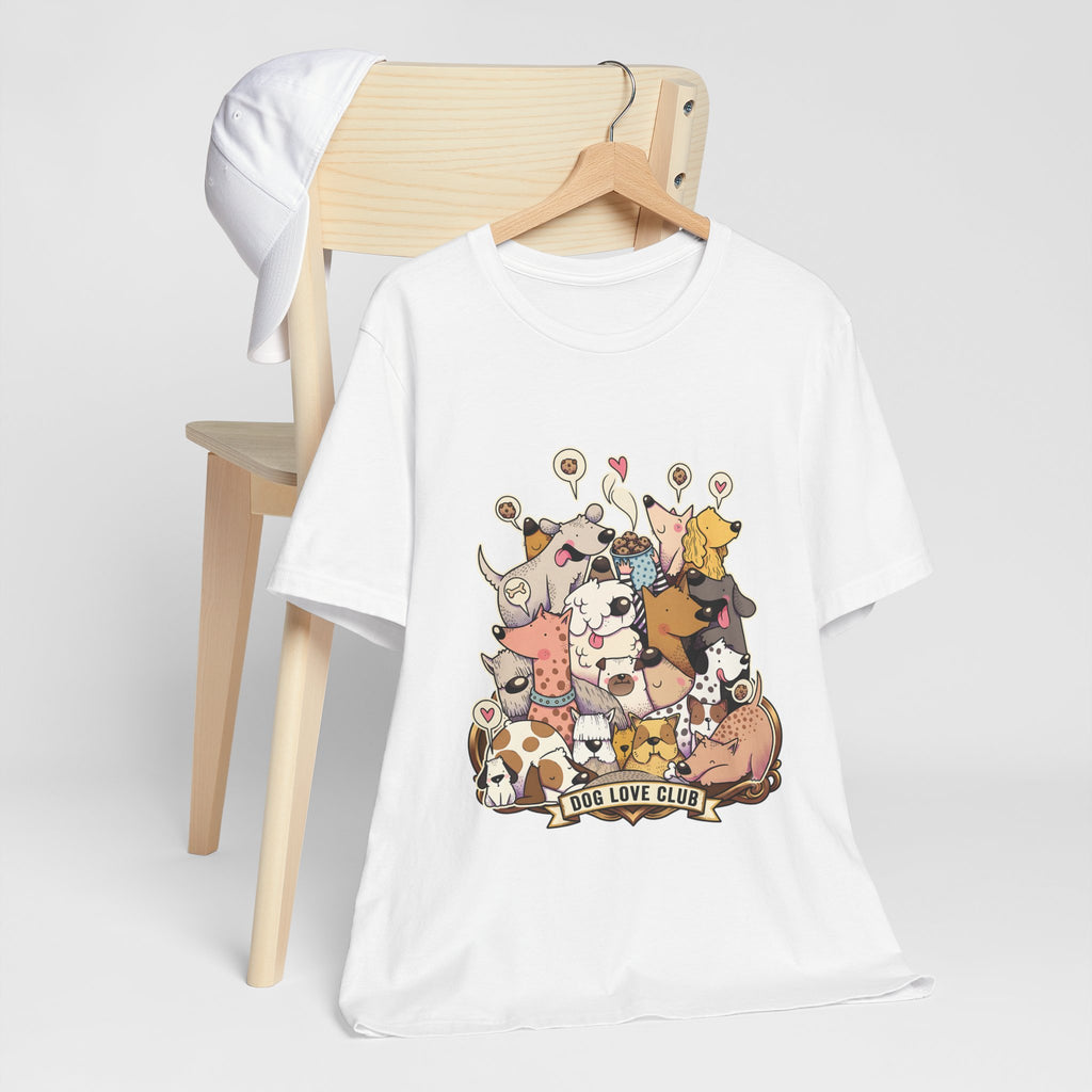 Dog Love Club T-Shirt in White draped over a wooden chair