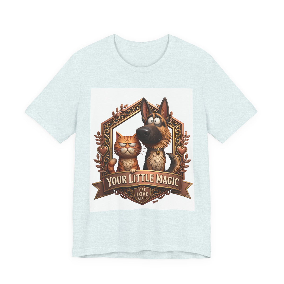 Your Little Magic T-Shirt in Heather Ice Blue, front view of the German shepherd and tabby cat crest print