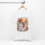 Hugging Best Friends T-Shirt in White on a wooden hanger