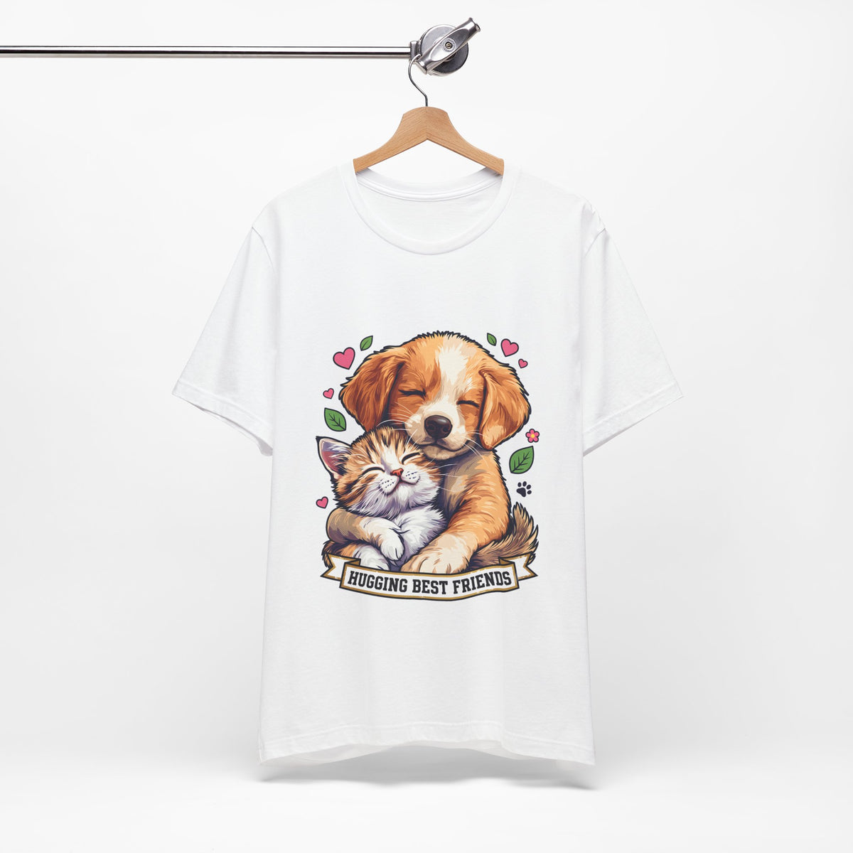 Hugging Best Friends T-Shirt in White on a wooden hanger