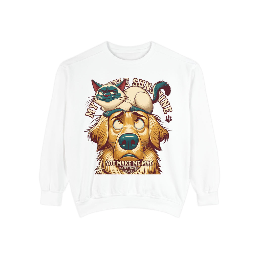 You Make Me Mad Crewneck Sweatshirt in White, front view of the grumpy cat on a golden retriever's head print