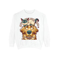 You Make Me Mad Crewneck Sweatshirt in White, front view of the grumpy cat on a golden retriever's head print