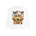 You Make Me Mad Crewneck Sweatshirt in White, front view of the grumpy cat on a golden retriever's head print