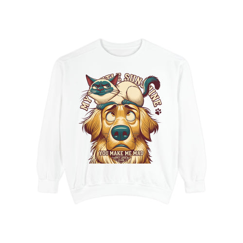You Make Me Mad Crewneck Sweatshirt in White, front view of the grumpy cat on a golden retriever's head print