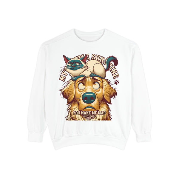 You Make Me Mad Crewneck Sweatshirt in White, front view of the grumpy cat on a golden retriever's head print