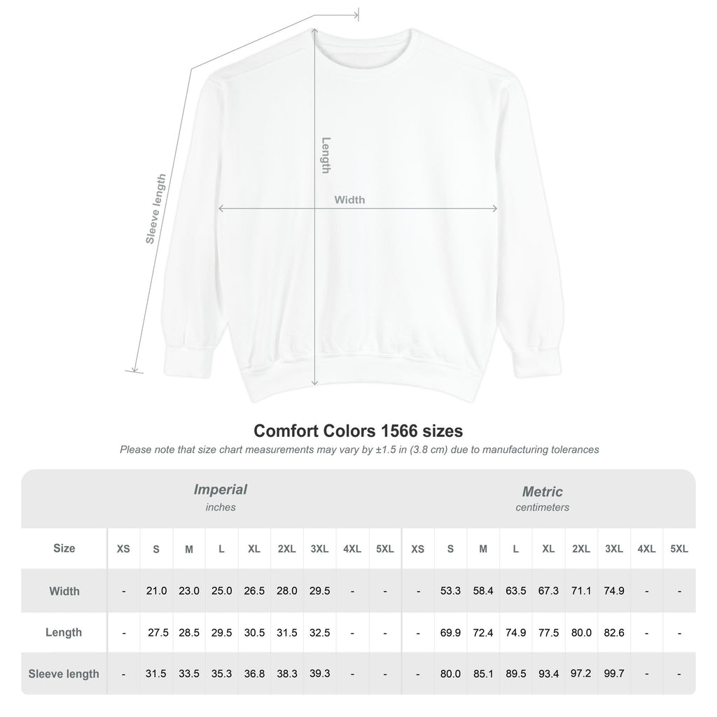 Comfort Colors 1566 size chart: width, length and sleeve length in inches and centimeters