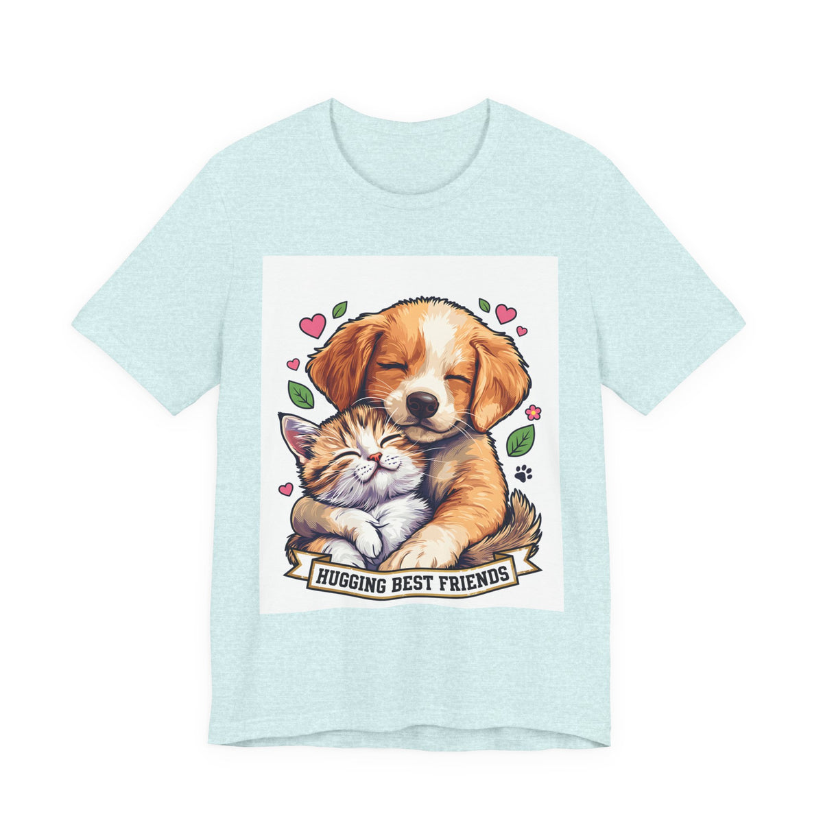 Hugging Best Friends T-Shirt in Heather Prism Ice Blue, front view of the puppy hugging a kitten print