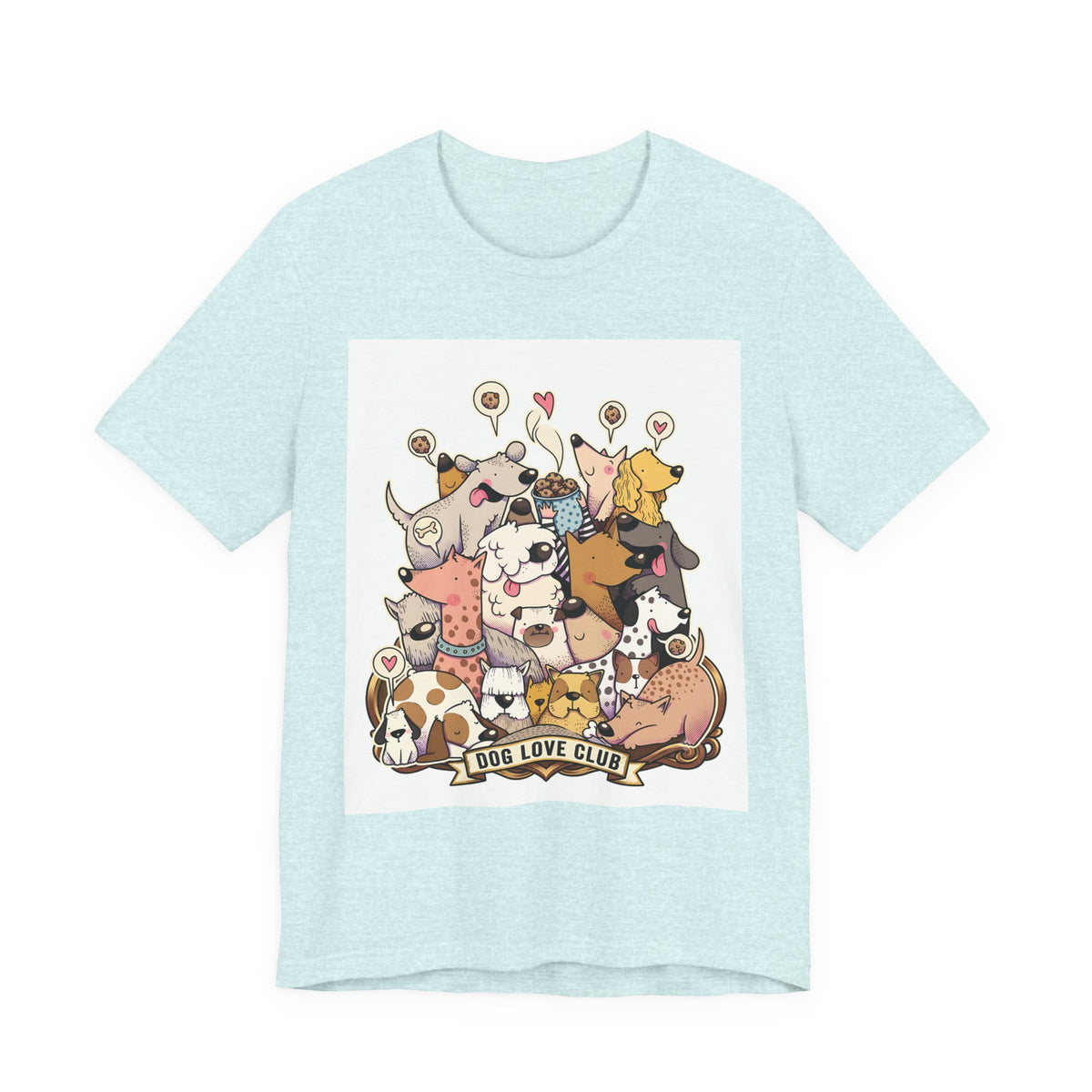 Dog Love Club T-Shirt in Heather Prism Ice Blue, front view of the crowd of cartoon dogs print