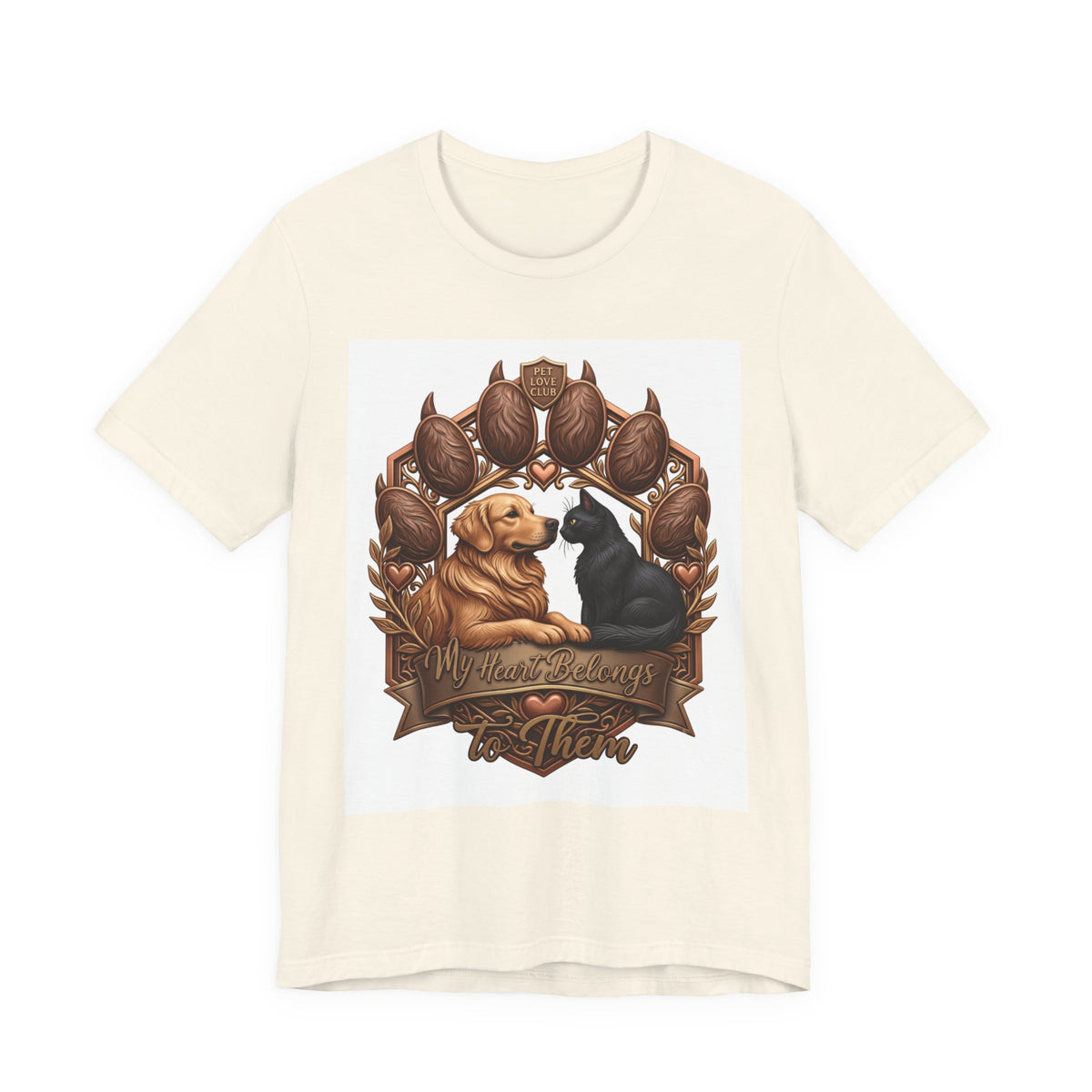 We’ll Always Have Each Other T-Shirt in Natural, front view of the golden retriever and tuxedo cat crest print