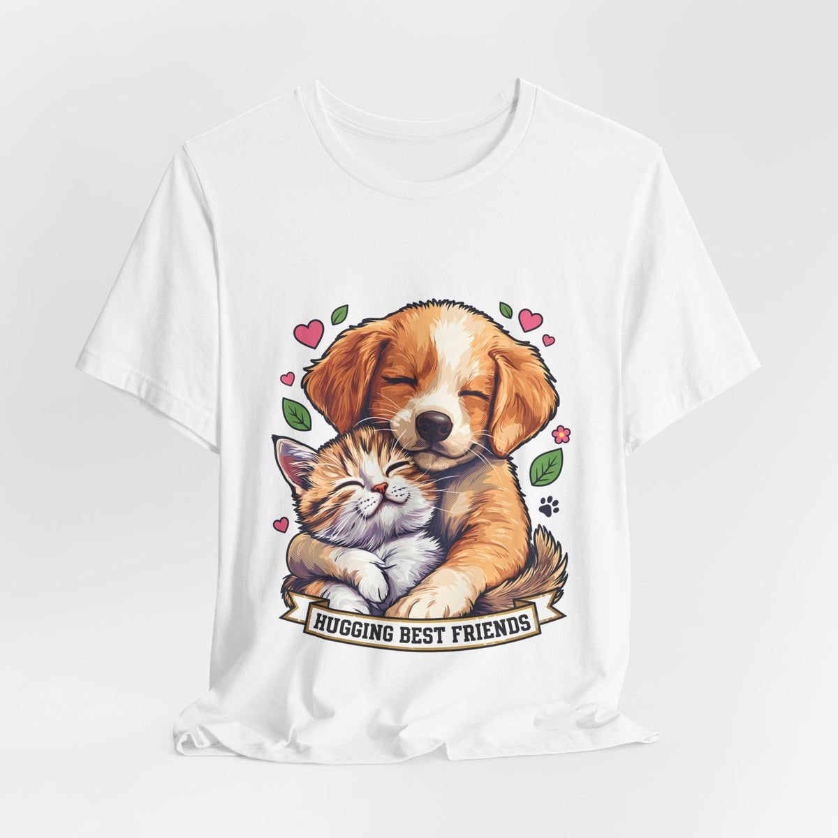Hugging Best Friends T-Shirt in White laid flat on a light floor