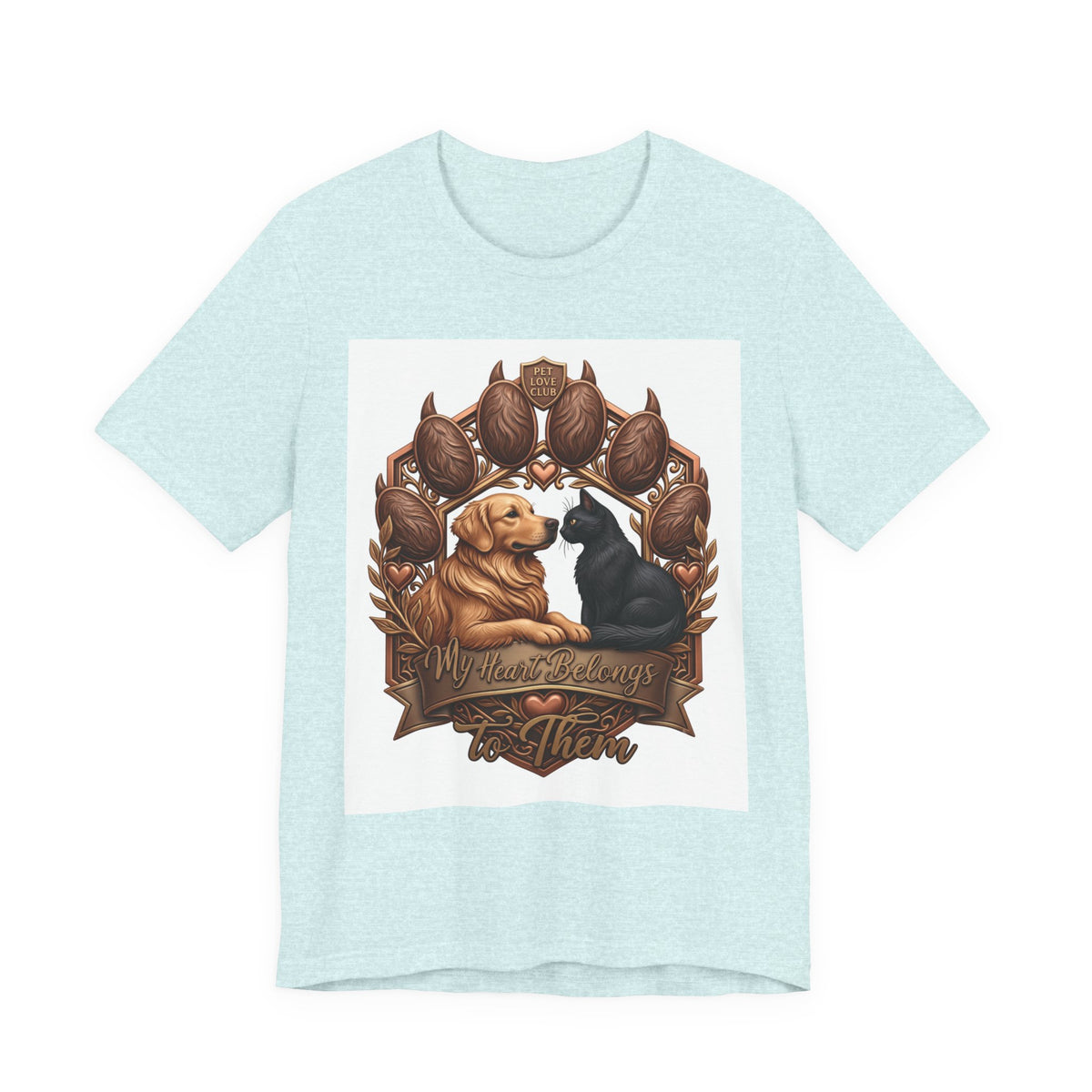 We’ll Always Have Each Other T-Shirt in Heather Prism Ice Blue, front view of the golden retriever and tuxedo cat crest print