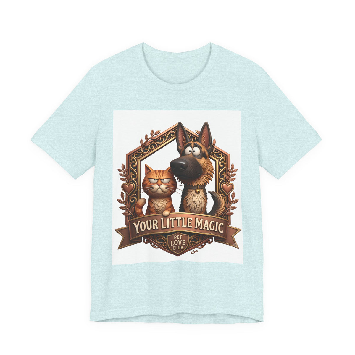 Your Little Magic T-Shirt in Heather Prism Ice Blue, front view of the German shepherd and tabby cat crest print