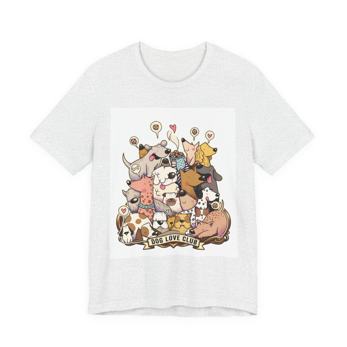 Dog Love Club T-Shirt in Ash, front view of the crowd of cartoon dogs print