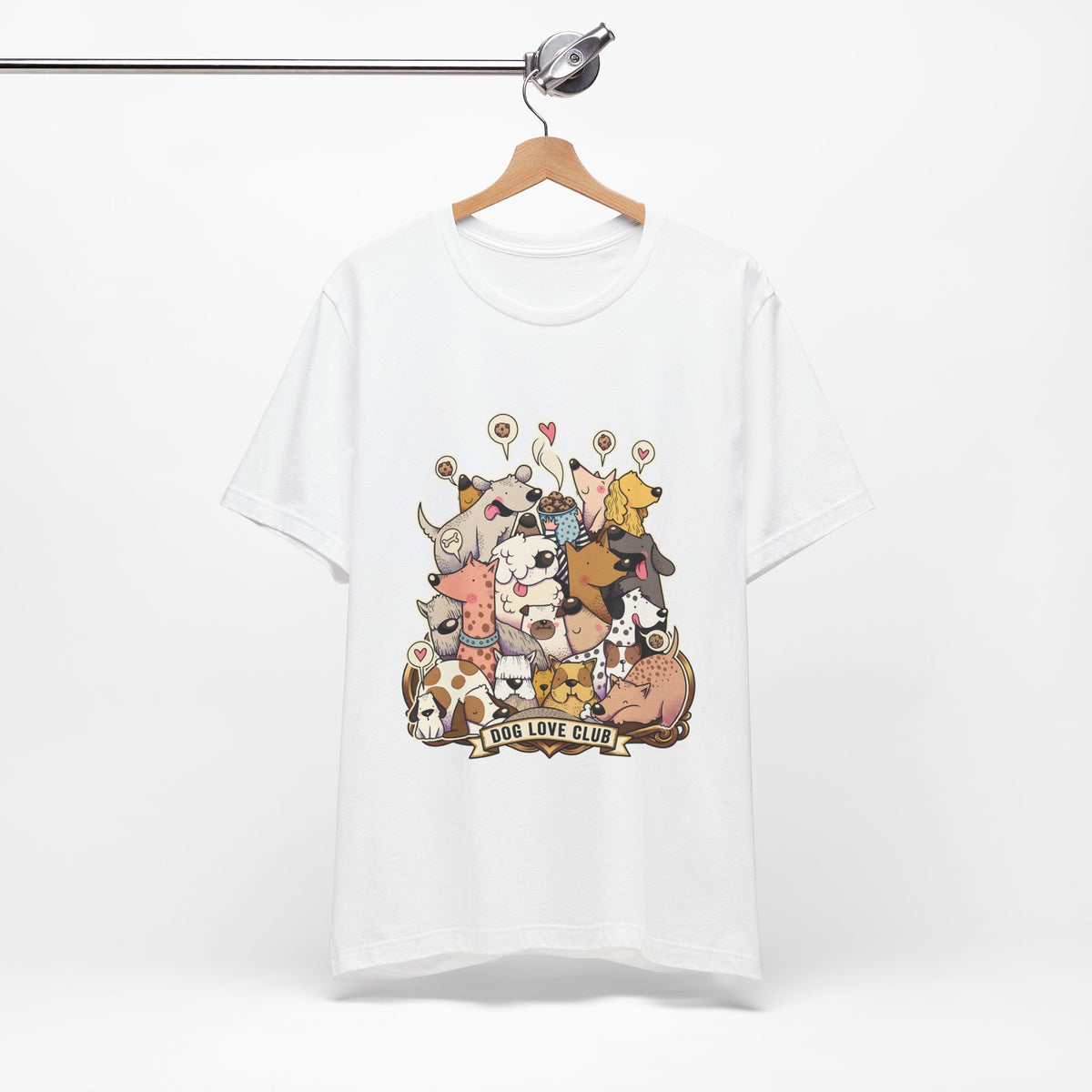 Dog Love Club T-Shirt in White on a wooden hanger