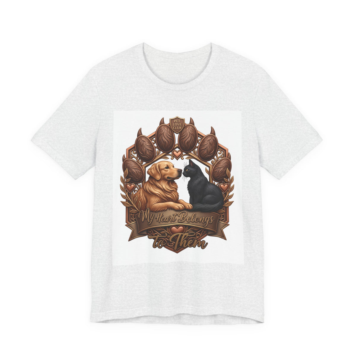We’ll Always Have Each Other T-Shirt in Ash, front view of the golden retriever and tuxedo cat crest print