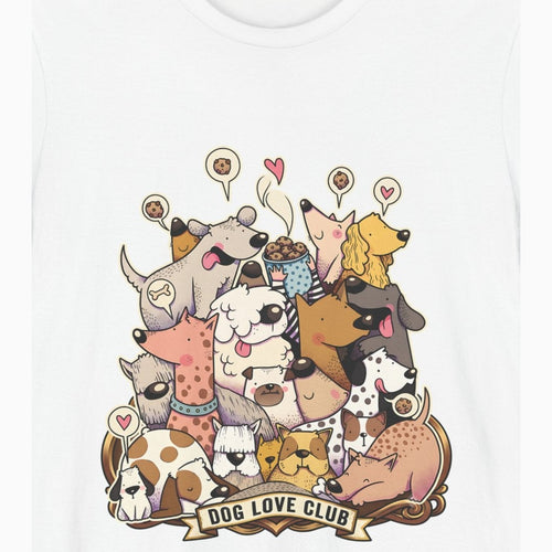 Close-up of the Dog Love Club print: a crowd of cartoon dogs with hearts and bones, on the White tee