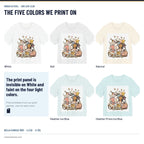 Dog Love Club T-Shirt in all five colors side by side: White, Ash, Natural, Heather Ice Blue, Heather Prism Ice Blue