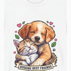 Close-up of the Hugging Best Friends print: a puppy hugging a kitten with hearts and paw prints, on the White tee