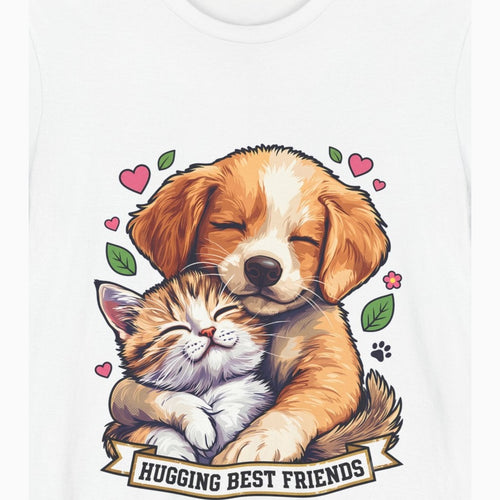 Close-up of the Hugging Best Friends print: a puppy hugging a kitten with hearts and paw prints, on the White tee