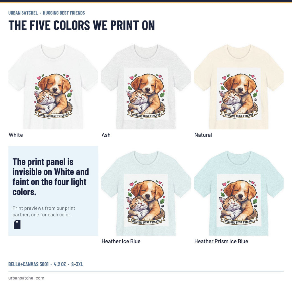 Hugging Best Friends T-Shirt in all five colors side by side: White, Ash, Natural, Heather Ice Blue, Heather Prism Ice Blue