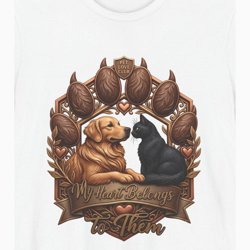 Close-up of the We’ll Always Have Each Other print: golden retriever and tuxedo cat inside an oak-leaf crest, on the White tee