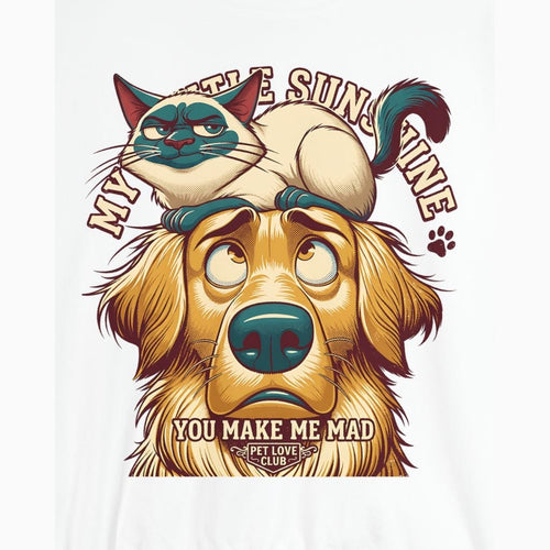 Close-up of the You Make Me Mad print: grumpy cat sitting on a golden retriever’s head, on the White crewneck