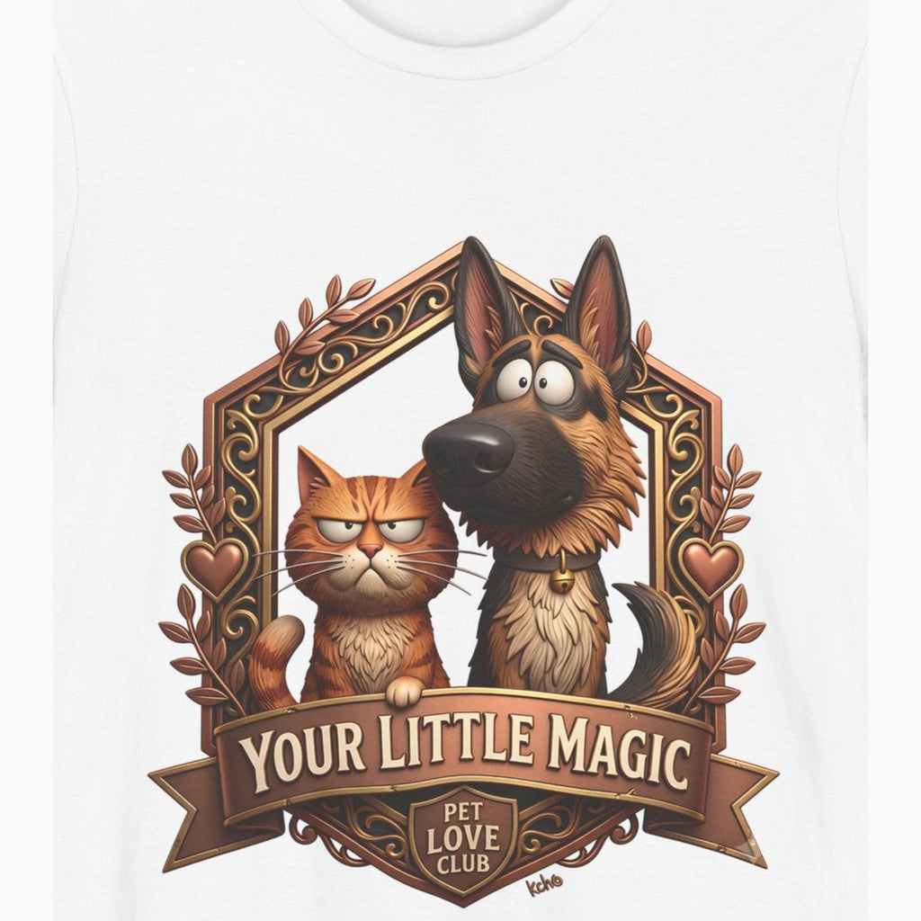 Close-up of the Your Little Magic print: German shepherd and tabby cat inside an oak-leaf wreath, on the White tee