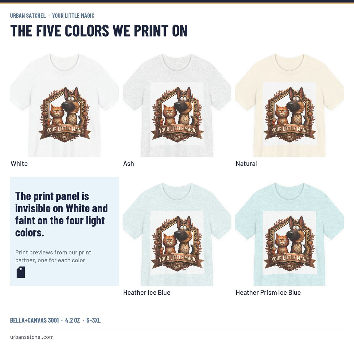 Your Little Magic T-Shirt in all five colors side by side: White, Ash, Natural, Heather Ice Blue, Heather Prism Ice Blue