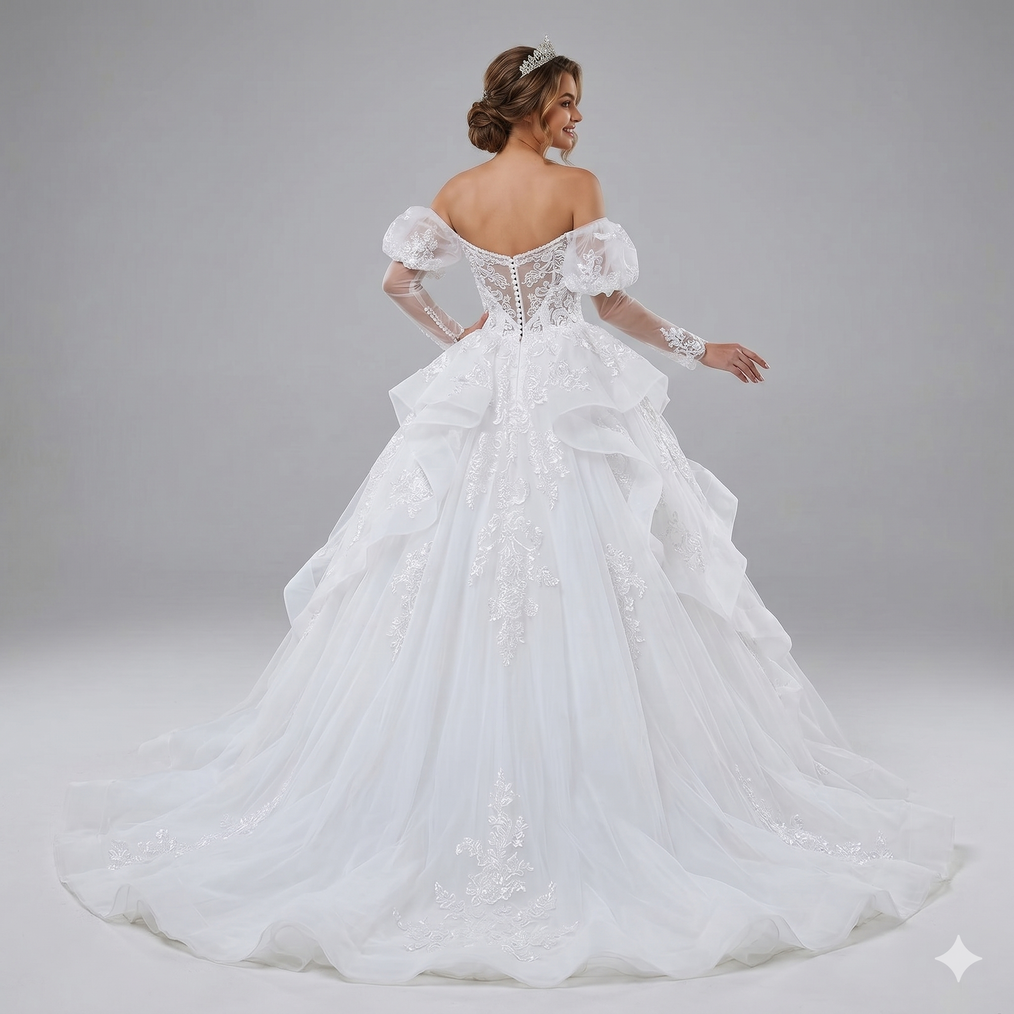 Long A-Line Dress with Lace Applique, Chiffon, Long Sleeve for Bride - Image 3