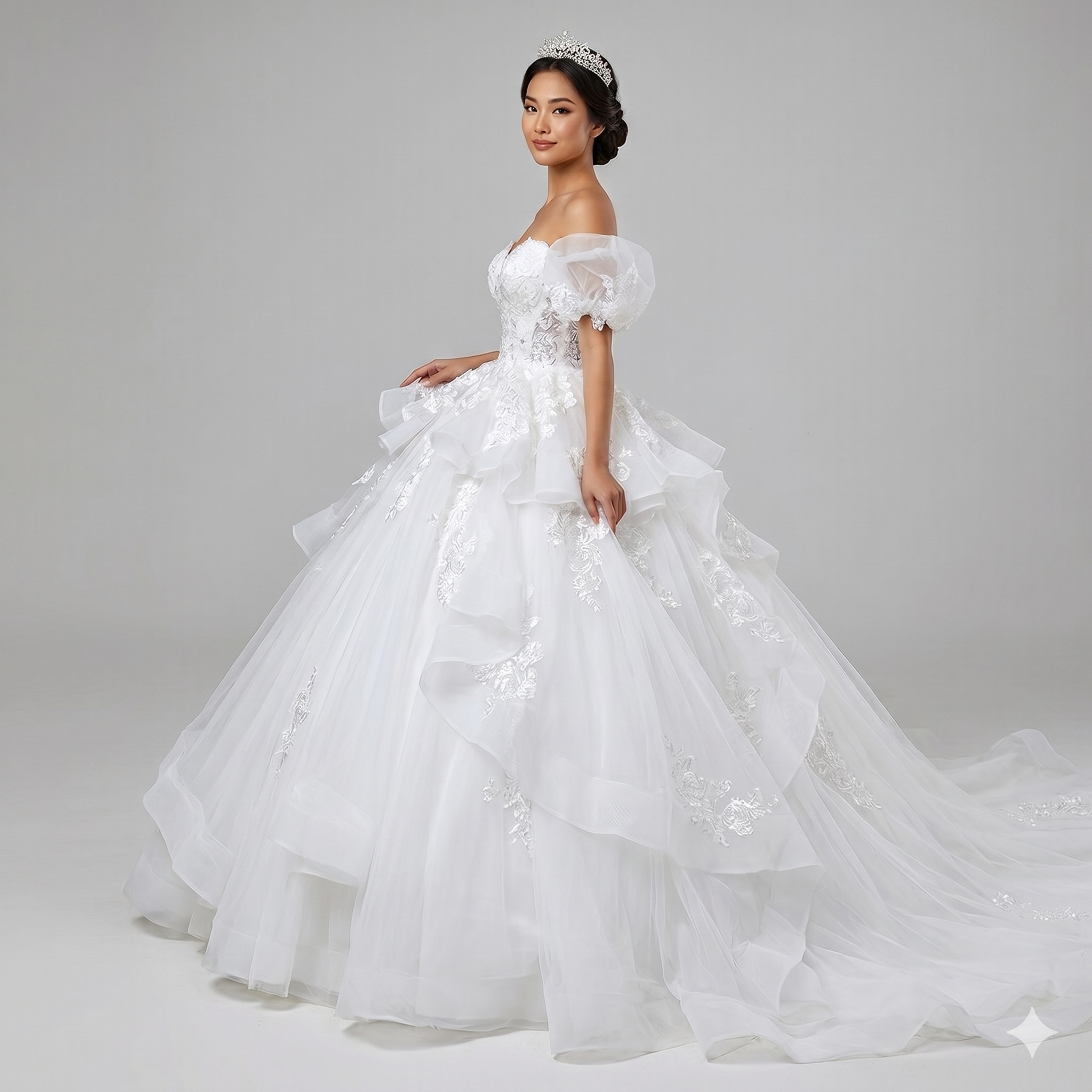 Ball Gown with Lace, Puff Sleeve, Ruched for Quinceanera