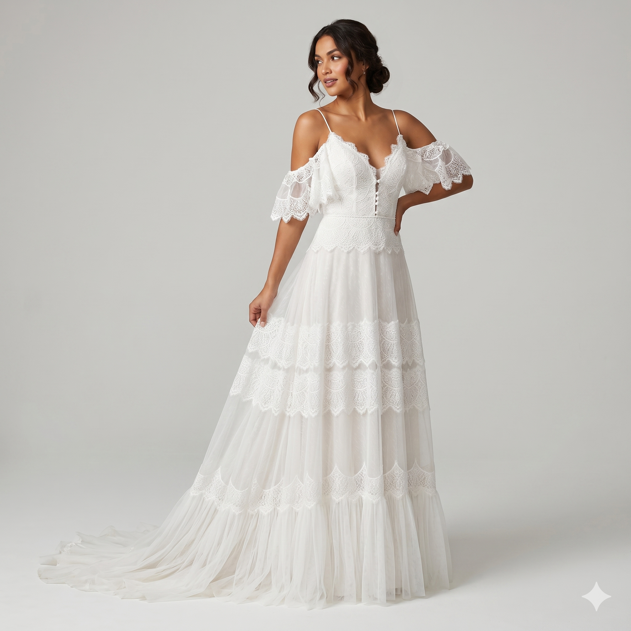 Evening Gown with Lace, Ruffle Sleeve, V-Neck for Bride